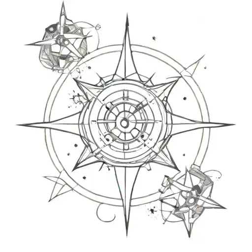 compass rose intertwined with Star Wars spaceship flying tattoo design idea