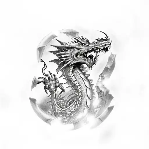 Dragon with cyborg scales and a biomechanical q background starting at the shin ending at upper thigh  tattoo design idea