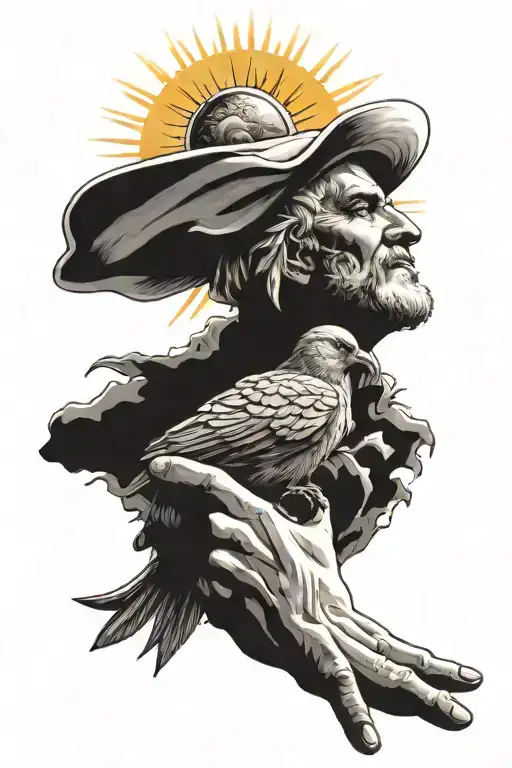 sun shining god holding bird sparow  tattoo design idea