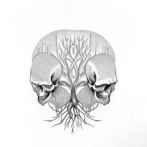 blade runner, tree, skull, tangled, roots tattoo design idea