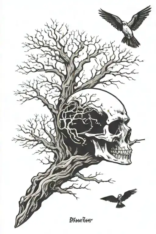 blade runner tree growing with skull and bird   tattoo design idea