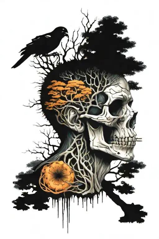 blade runner tree growing with skull and bird   tattoo design idea