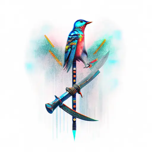 blade runner, bird, tree, sword tattoo design idea