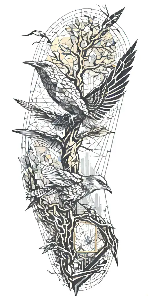 blade runner bird flying with geometrical tree  tattoo design idea