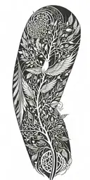 extended bird wing, tree growing tattoo design idea
