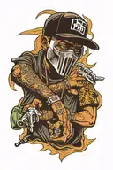 90s hiphop sleeve on arm with mf doom, Big L, Tupac, Wutang clan, Kendrick lamar, J Cole tattoo design idea