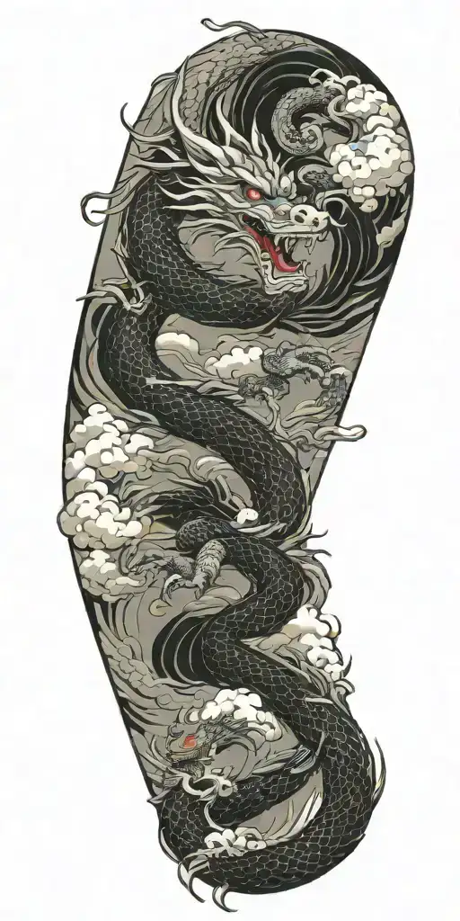 traditional dragon wisting through japanese style clouds tattoo design idea