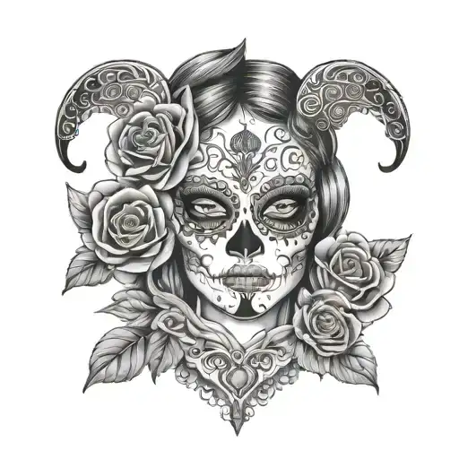 sexy woman with el Día de Muertos Skull mask surrounded bye roses tattoo design idea
