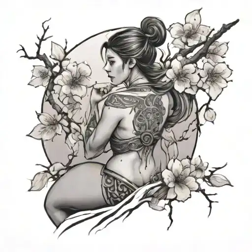 Create a tattoo design of an attractive nude woman surrounded by traditional Japanese cherry blossoms and viking runes tattoo design idea