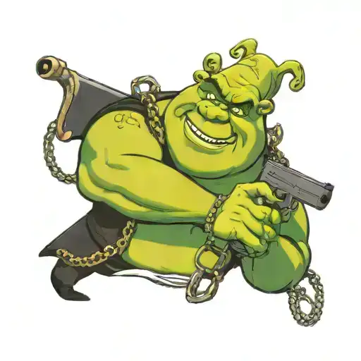 Shrek holding a gun with sunglasses and wearing a gold chain that reads shrek tattoo design idea
