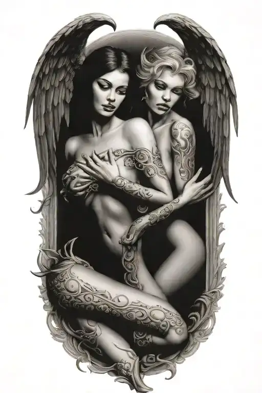 sexy angel and sexy devil woman tattoo design idea