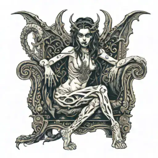 partially nude female demon seated on a thrown made of bones tattoo design idea