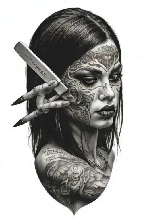 sexy woman cutting her face with a knife tattoo design idea