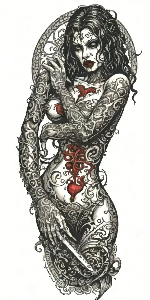sexy partially nude demon woman stabing  a beating human heart with a kitchen knife tattoo design idea