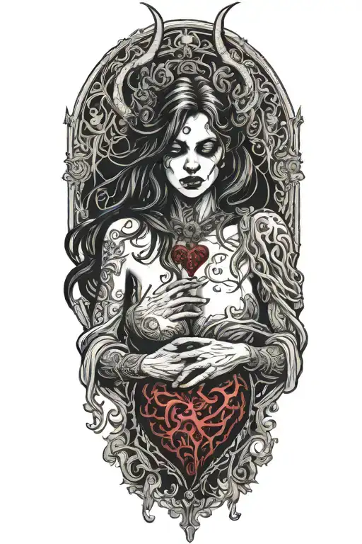 sexy partially nude demon woman holding a beating human heart tattoo design idea