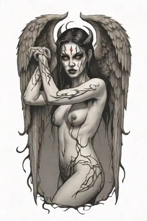 sexy nude winged demon woman bleeding from eyes tattoo design idea