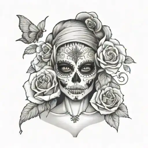 sexy woman with el Día de Muertos Skull mask surrounded bye roses tattoo design idea