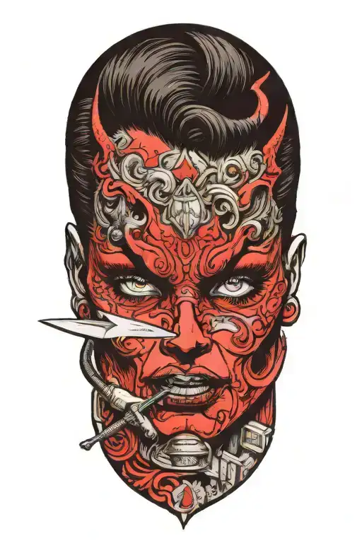 sexy demon woman cutting her face with a knife tattoo design idea