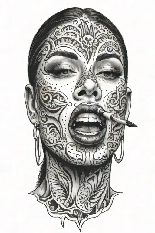 sexy woman cutting her tounge with a knife tattoo design idea