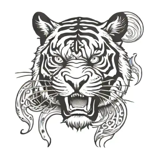 Incorporate the image of a tiger wearing a traditional Japanese oni mask, representing strength and protection, in a blackwork style tattoo tattoo design idea