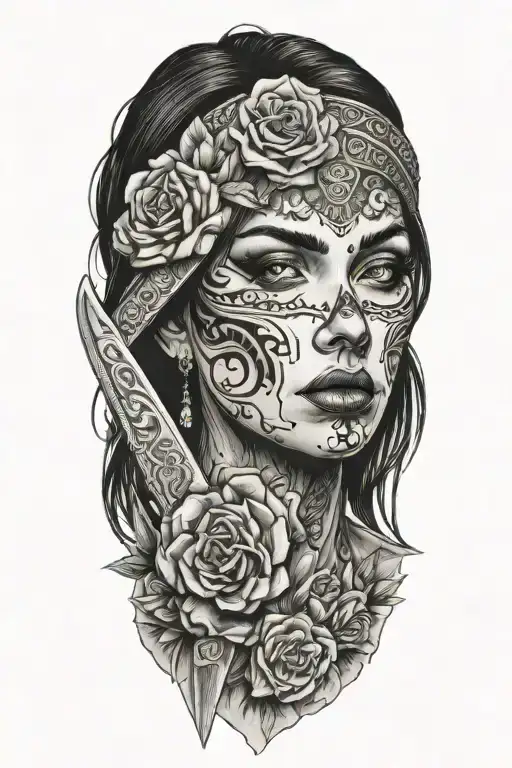 sexy woman cutting her face with a knife tattoo design idea