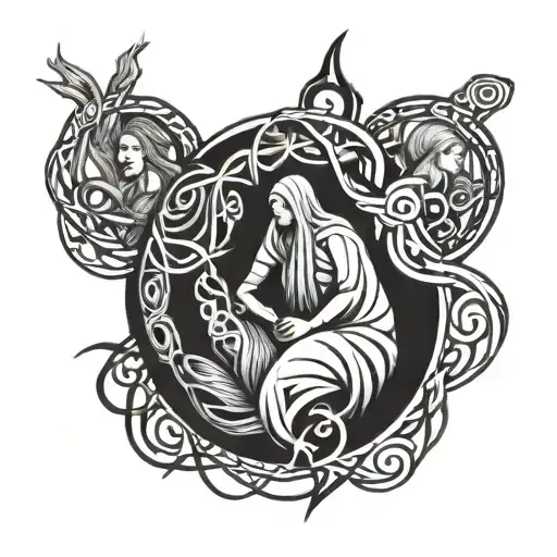 scary three norns weaving fate tattoo design idea