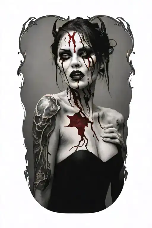 sexy nude demon woman bleeding from eyes tattoo design idea