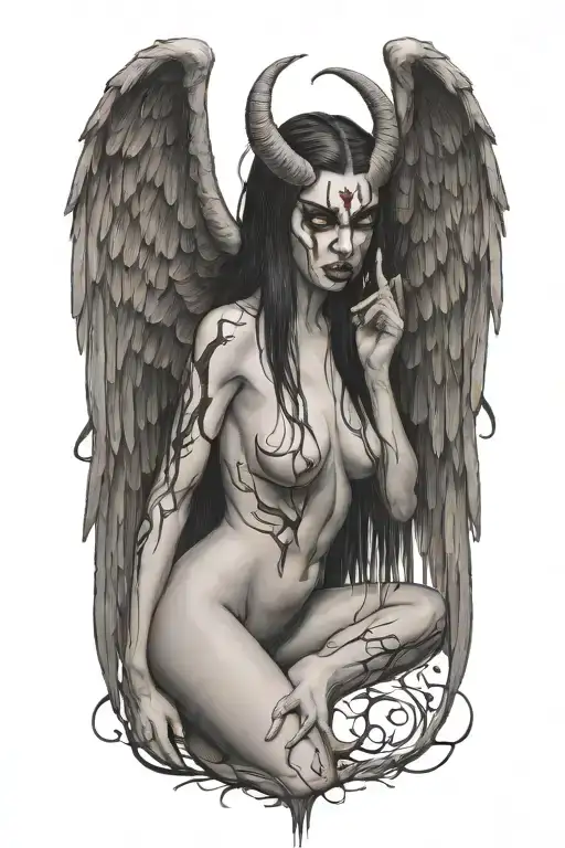 sexy nude winged demon woman bleeding from eyes tattoo design idea