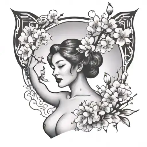 Create a tattoo design of an attractive nude woman surrounded by traditional Japanese cherry blossoms tattoo design idea