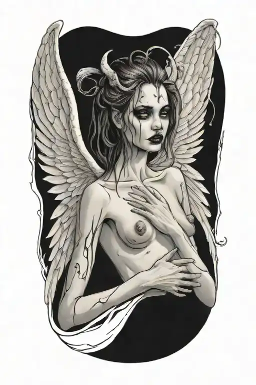 sexy nude winged demon woman bleeding from eyes tattoo design idea