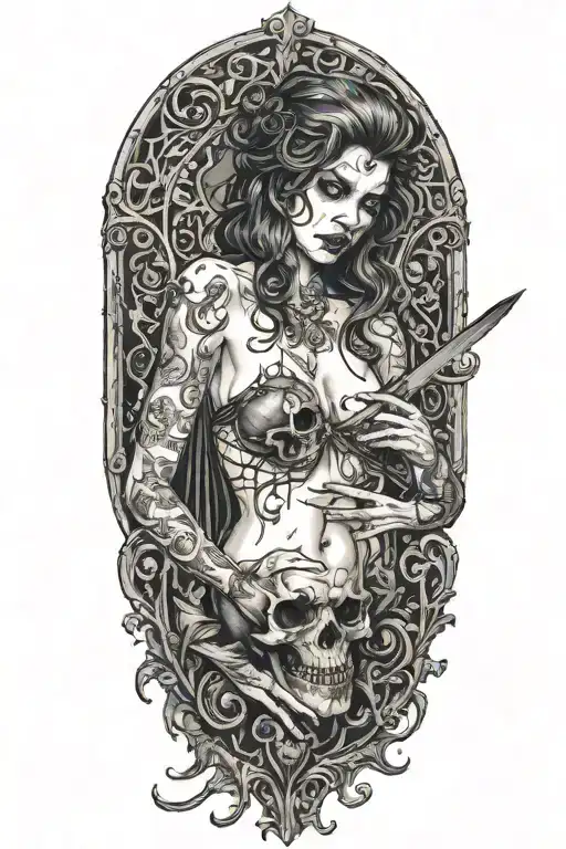 sexy partially nude demon woman stabing  a beating human heart with a kitchen knife tattoo design idea