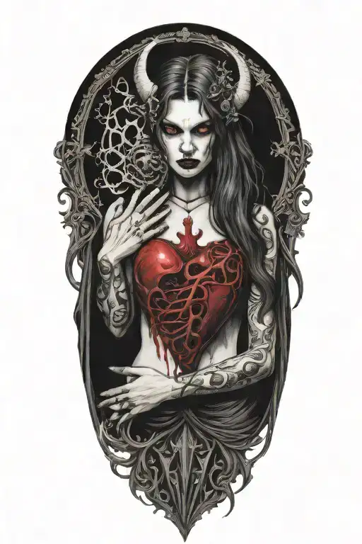 sexy partially nude demon woman holding a beating human heart tattoo design idea