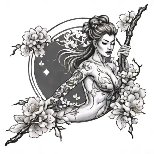 Create a tattoo design of an attractive nude woman surrounded by traditional Japanese cherry blossoms and viking runes tattoo design idea