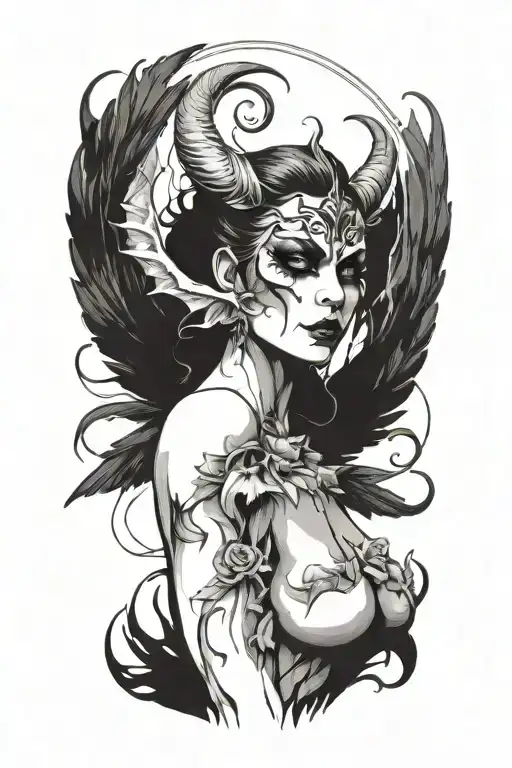 sexy nude winged demon woman bleeding from eyes tattoo design idea