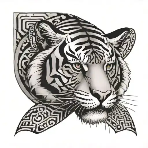Create a tattoo design of a tiger with intricate geometric patterns inspired by both Norse and Japanese art styles, in a black-grey style tattoo design idea