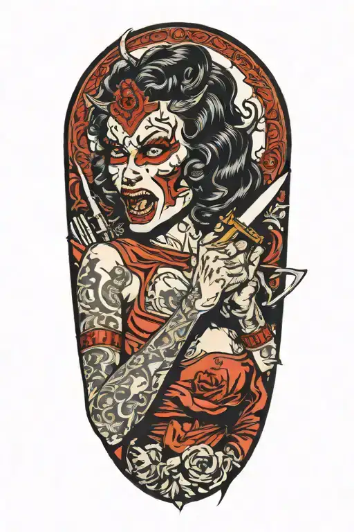 sexy demon woman cutting her face with a knife tattoo design idea