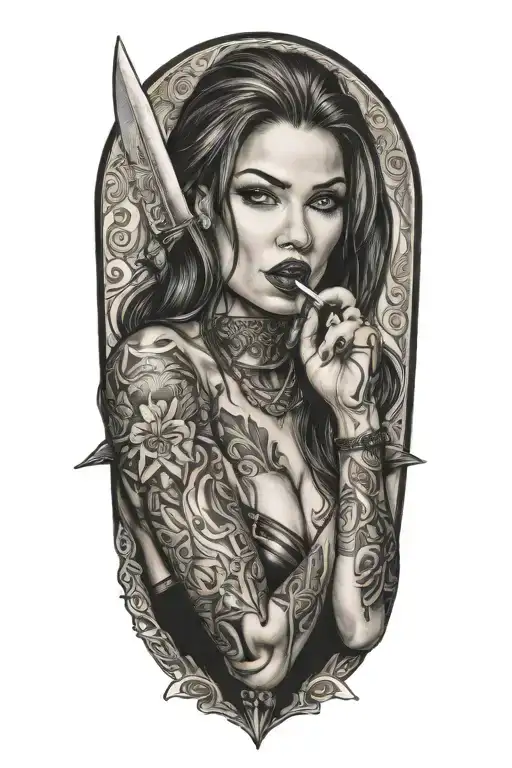 sexy woman licking the blade of a knife tattoo design idea