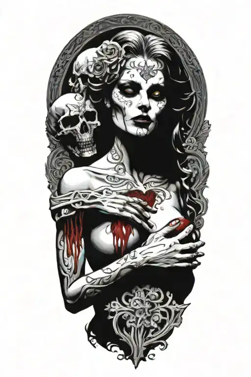 sexy partially nude demon woman holding a beating human heart tattoo design idea