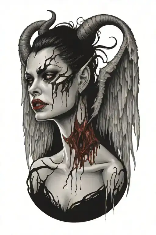 sexy nude winged demon woman bleeding from eyes tattoo design idea