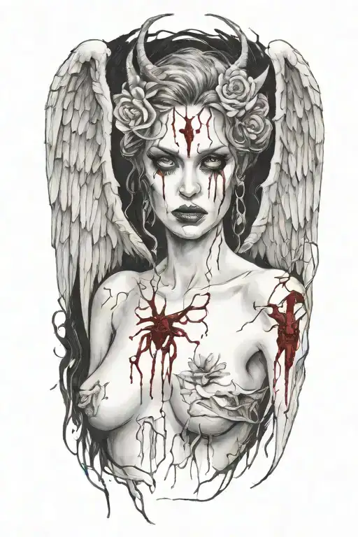 sexy nude winged demon woman bleeding from eyes tattoo design idea