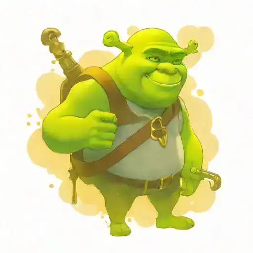 Shrek holding a gun with sunglasses and wearing a gold chain that reads shrek tattoo design idea