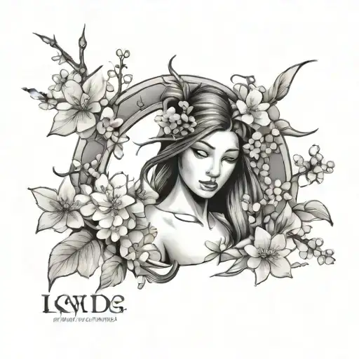 Create a tattoo design of an attractive nude woman surrounded by traditional Japanese cherry blossoms and viking runes tattoo design idea
