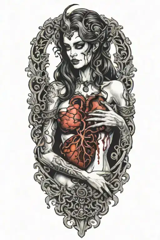 sexy partially nude demon woman holding a beating human heart tattoo design idea
