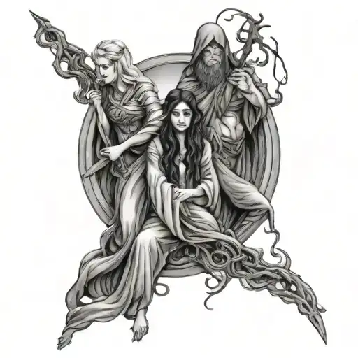 scary three norns weaving fate tattoo design idea