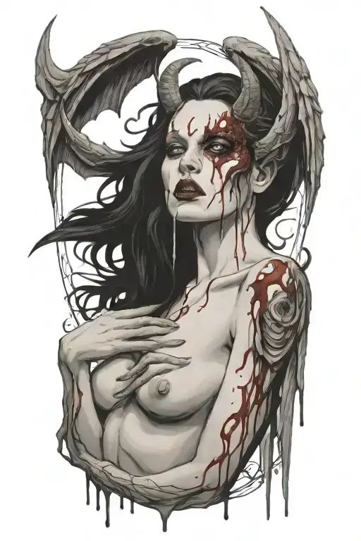 sexy nude winged demon woman bleeding from eyes tattoo design idea