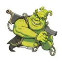 Shrek holding a gun with sunglasses and wearing a gold chain that reads shrek tattoo design idea