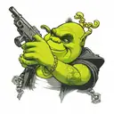 Shrek holding a gun with sunglasses and wearing a gold chain that reads shrek tattoo design idea