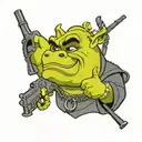 Shrek holding a gun with sunglasses and wearing a gold chain that reads shrek tattoo design idea