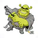 Shrek holding a gun with sunglasses and wearing a gold chain that reads shrek tattoo design idea
