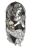 sexy partially nude demon woman holding a beating human heart tattoo design idea